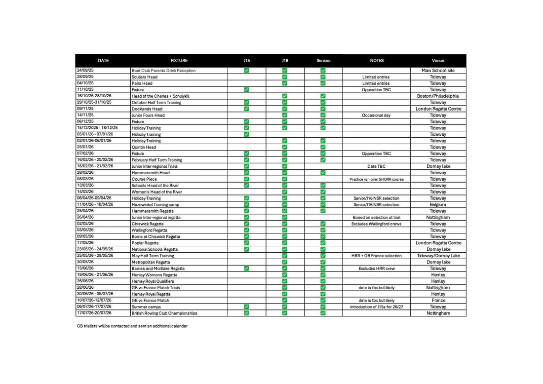 Rowing Calendar 2025-2026